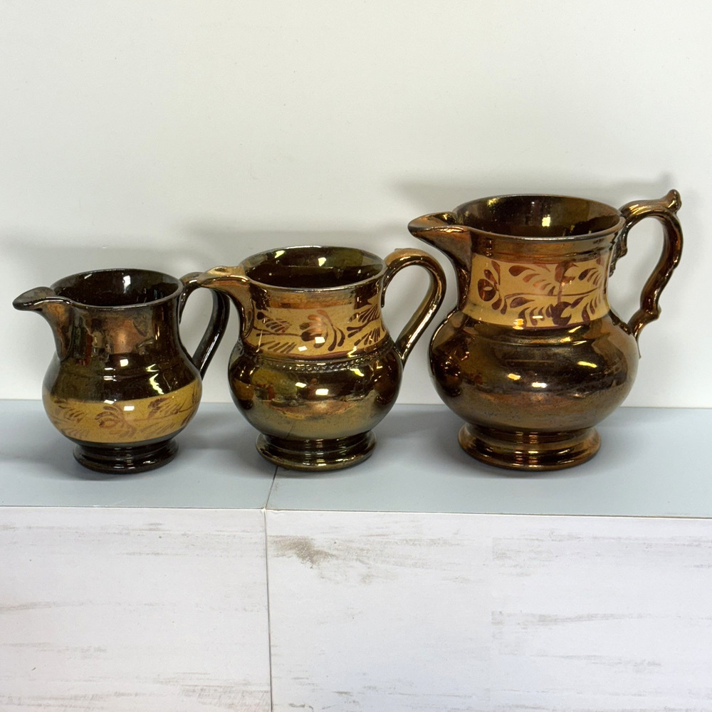 Set of 3 Allertons Longton England Copper Luster Painted Matching Pitchers